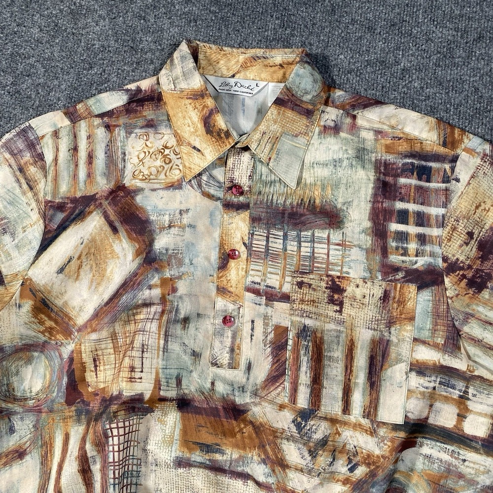 Vintage 70s Lilly Dache Mens L Abstract Pocket Shirt Dagger Collar Banded Waist